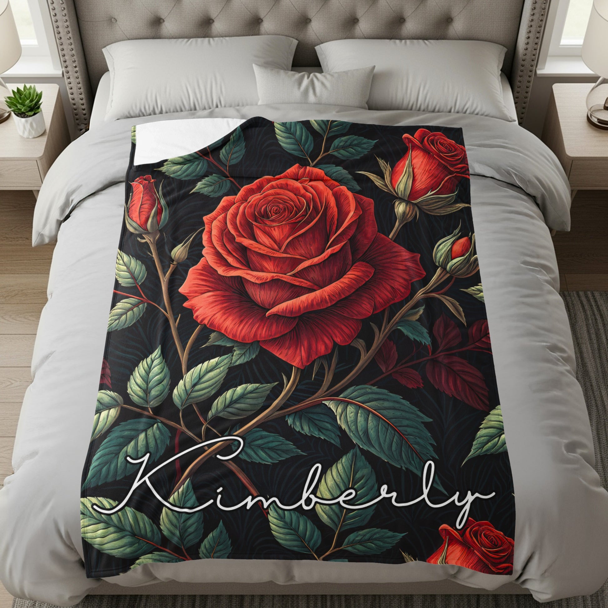 Red Roses With Leaves Custom Name Blankets Product - Walk Greener