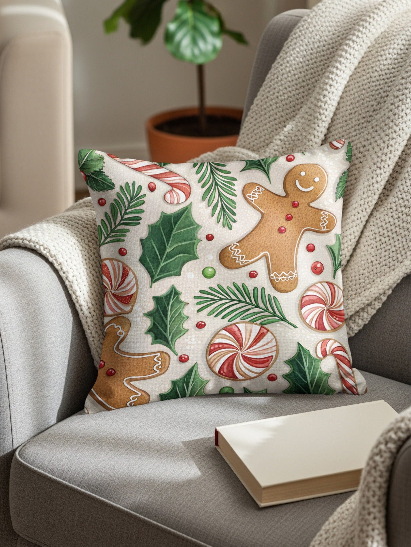 Festive Gingerbread and Candy Cane Throw Pillow