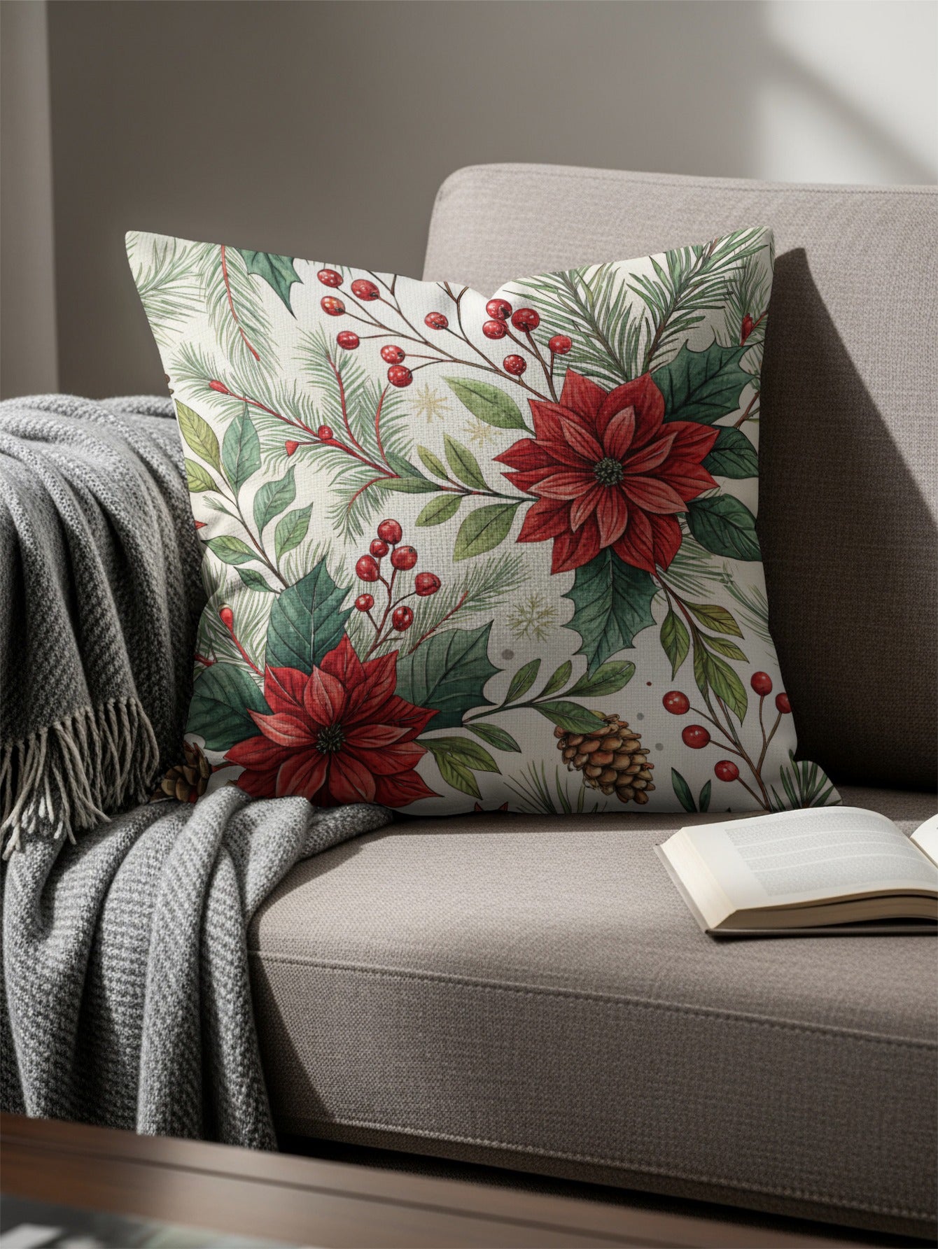Festive Red Poinsettia and Pinecones Pattern Pillow
