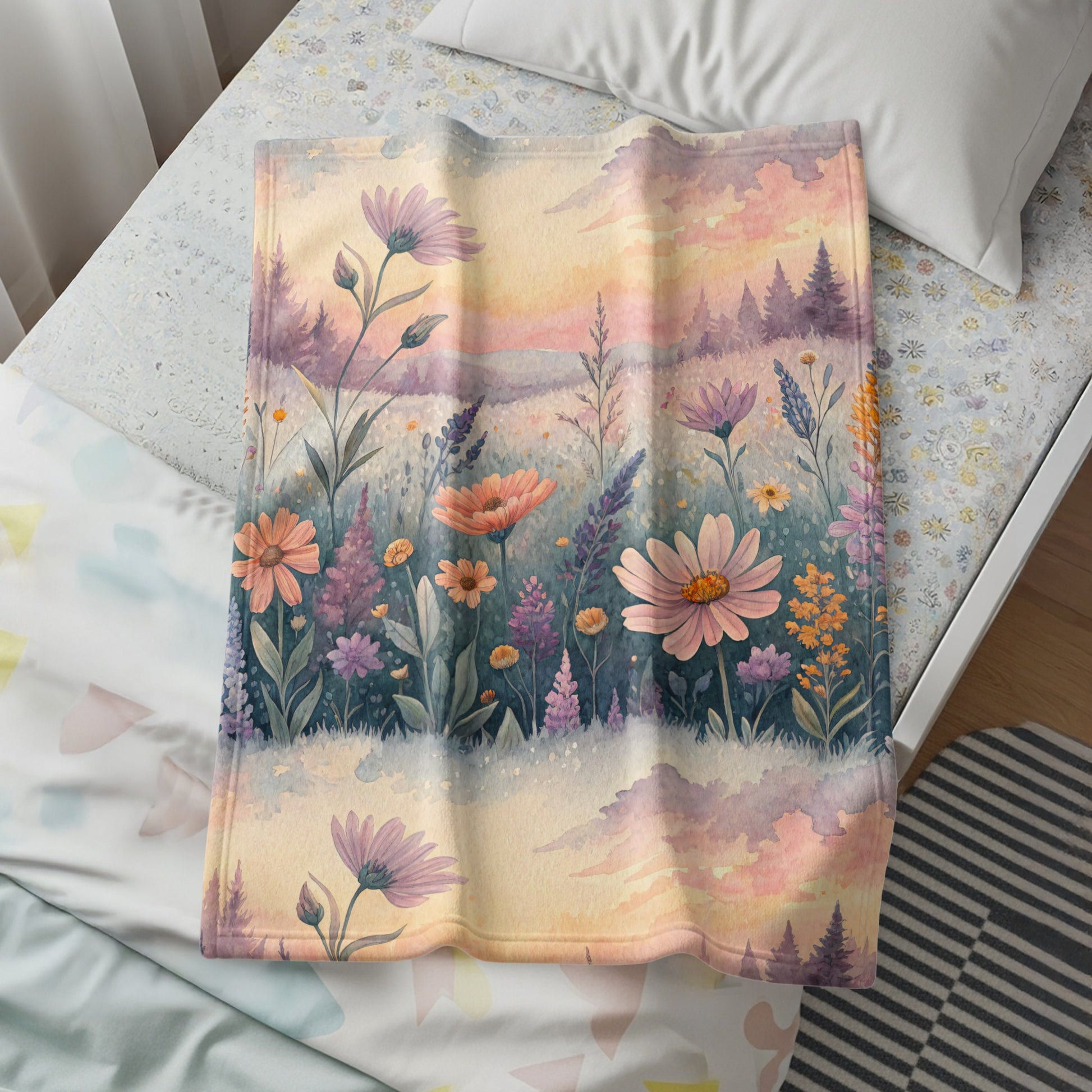 Floral Watercolor Meadow with Sunset Hues Velveteen Plush Blankets - Walk Greener
