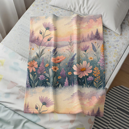 Floral Watercolor Meadow with Sunset Hues Velveteen Plush Blankets - Walk Greener