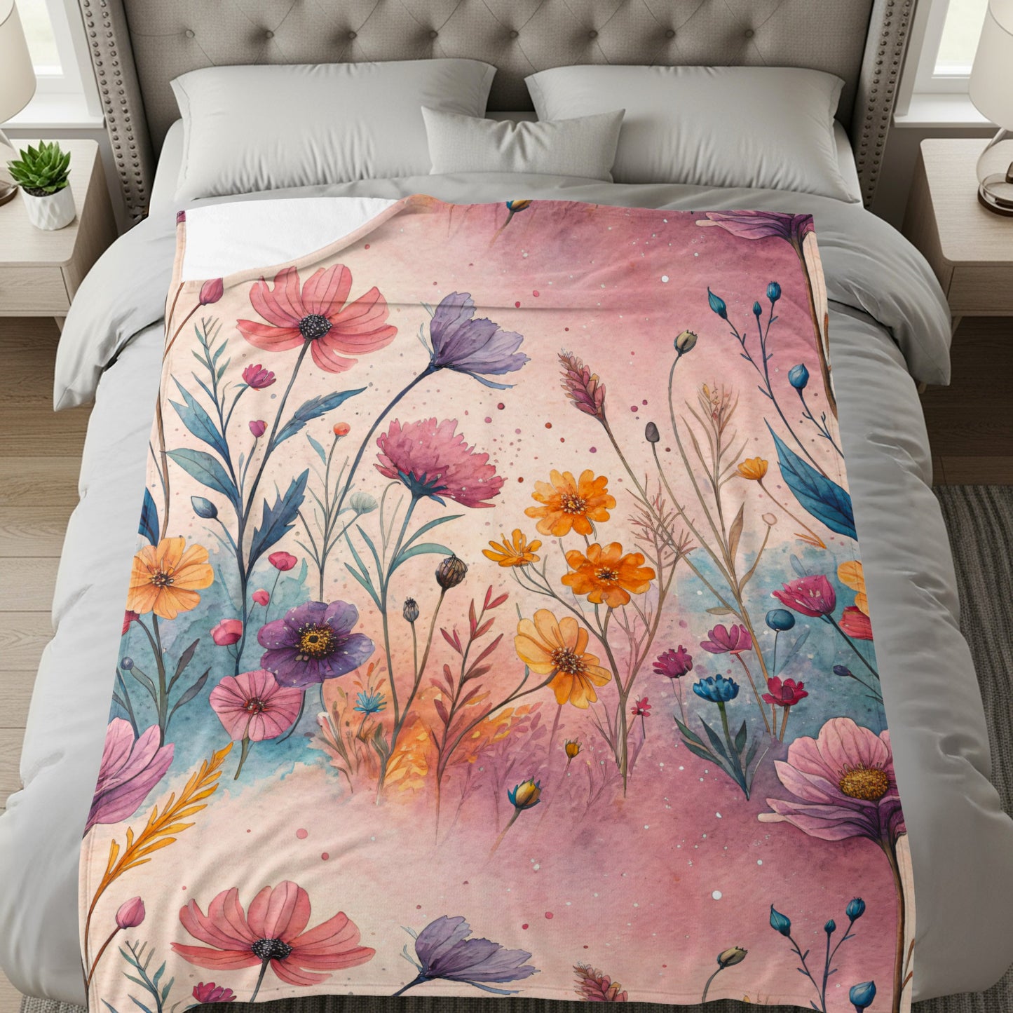 Watercolor Floral Garden On Pale Pink Design Velveteen Plush Blankets - Walk Greener