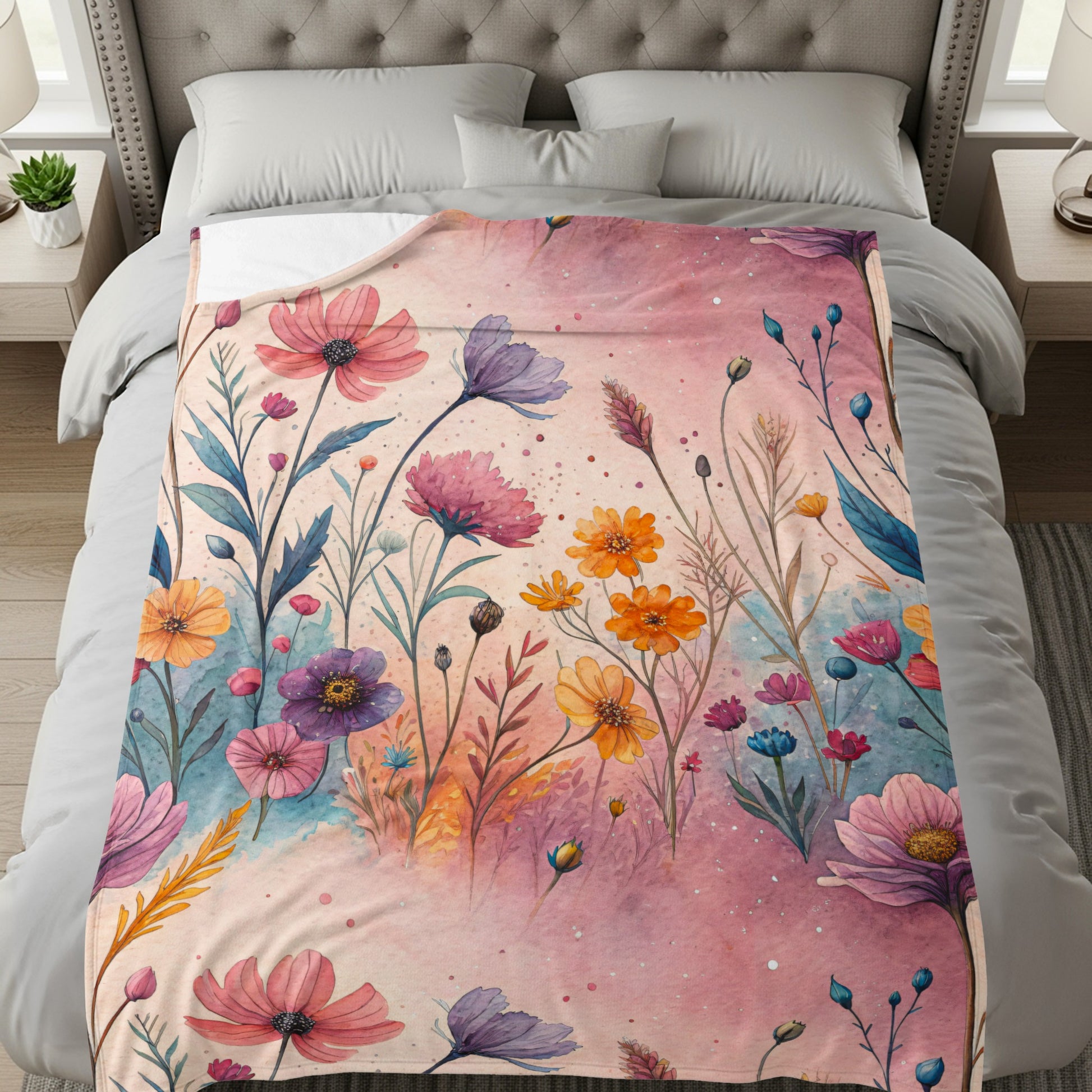 Watercolor Floral Garden On Pale Pink Design Velveteen Plush Blankets - Walk Greener