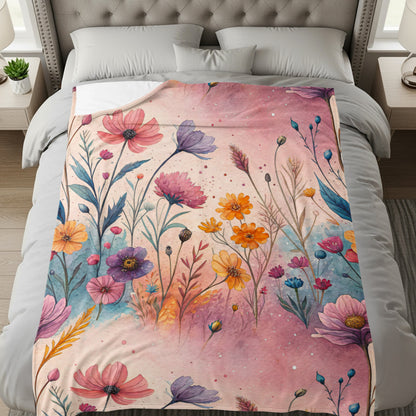 Watercolor Floral Garden On Pale Pink Design Velveteen Plush Blankets - Walk Greener