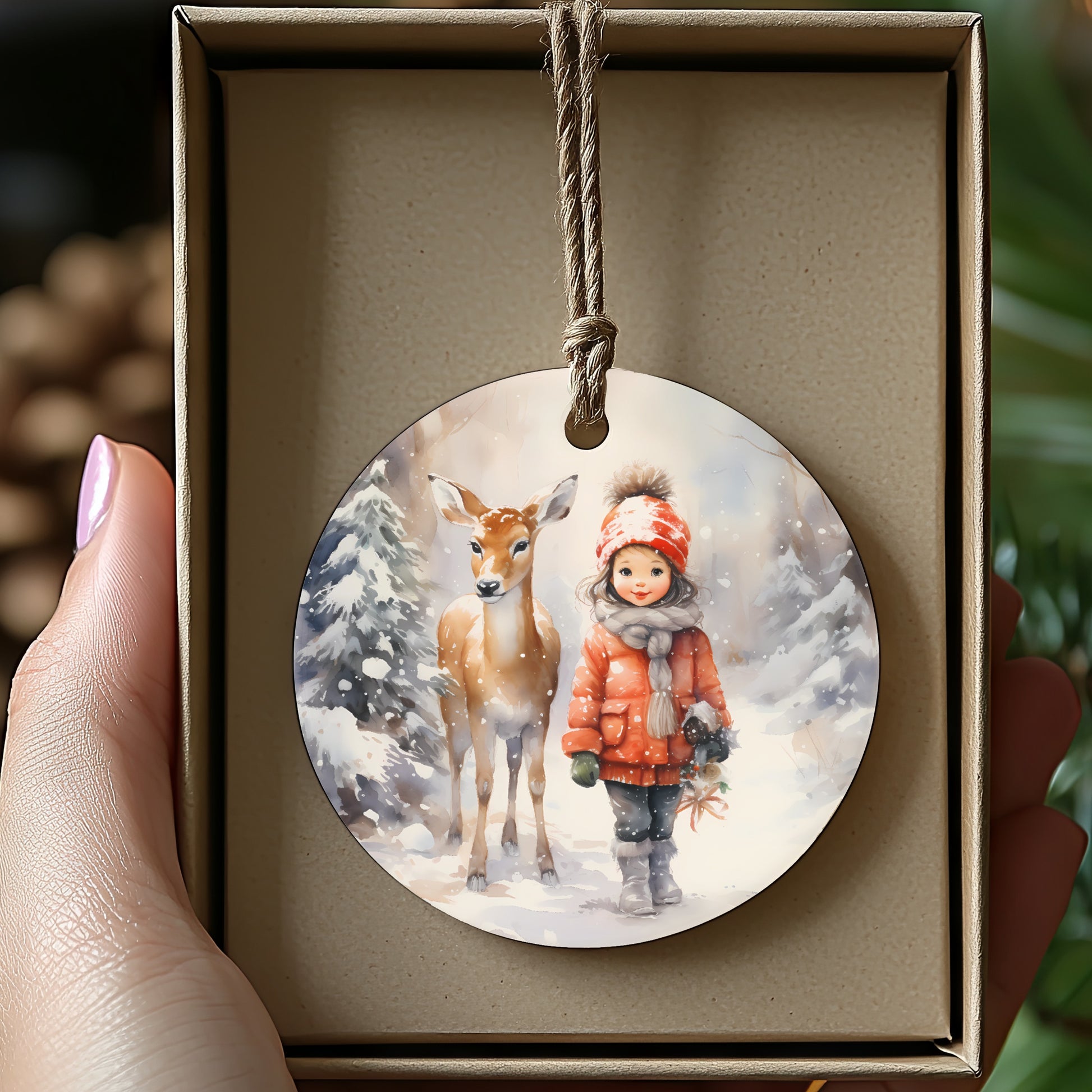 Girl and Deer Winter Forest Scene Hanging Ornament product