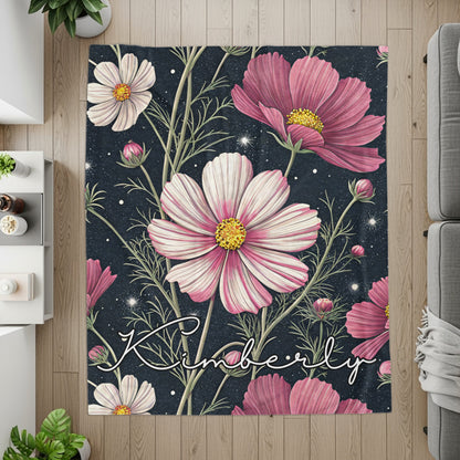 Cosmos Flowers With Custom Name On Dark Backdrop Custom Blanket - Walk Greener