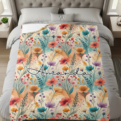 Personalized Floral Print Blanket with Name Amanda