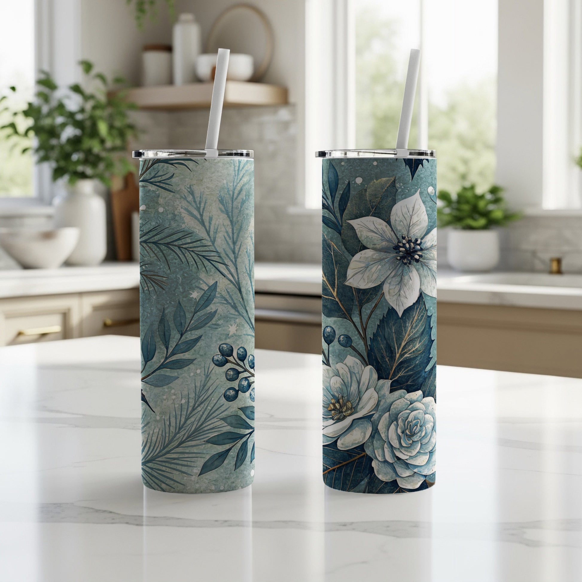 Elegant Floral and Foliage Print Insulated Tumbler