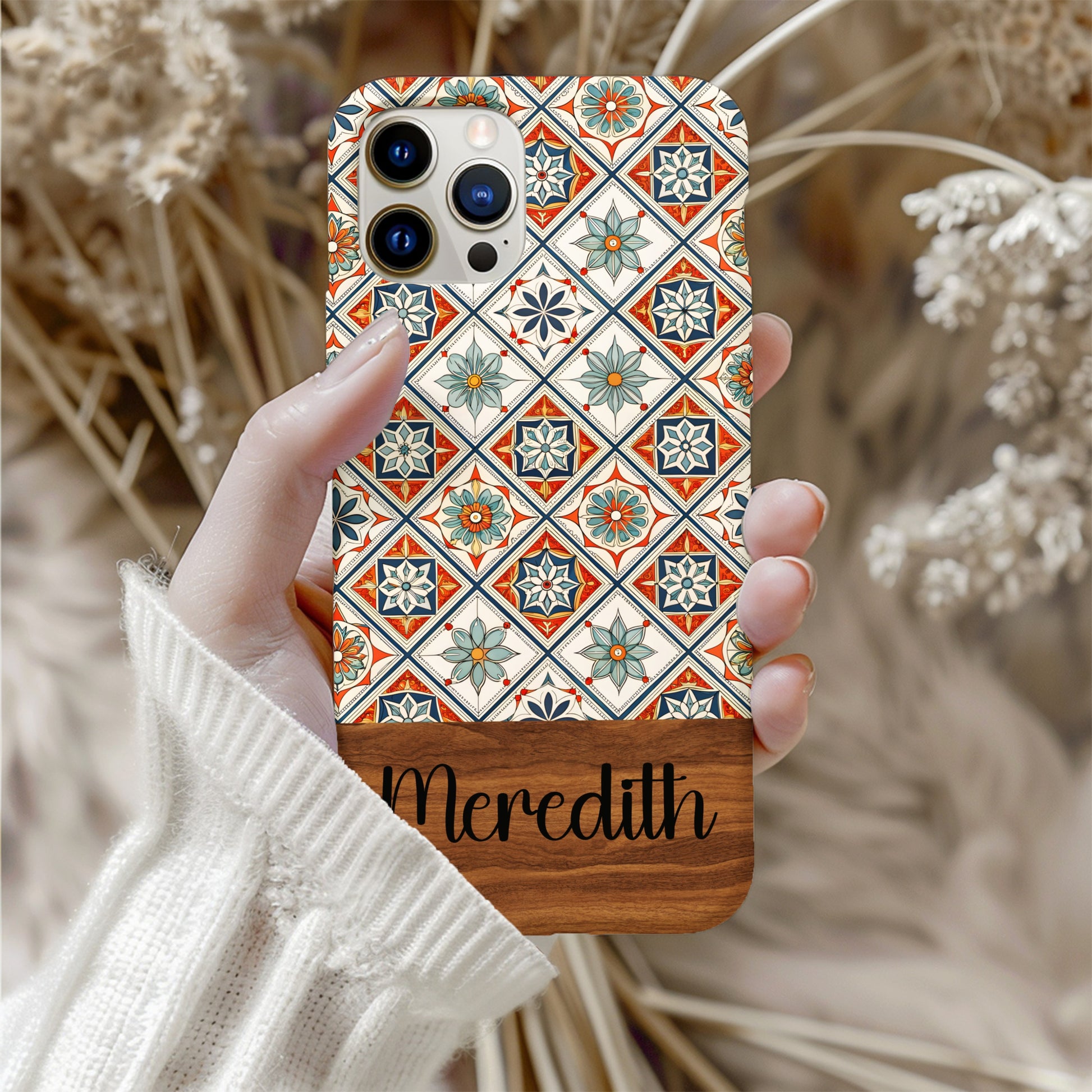 Ornate Floral Pattern In Squares With Custom Name Phone Case - Walk Greener