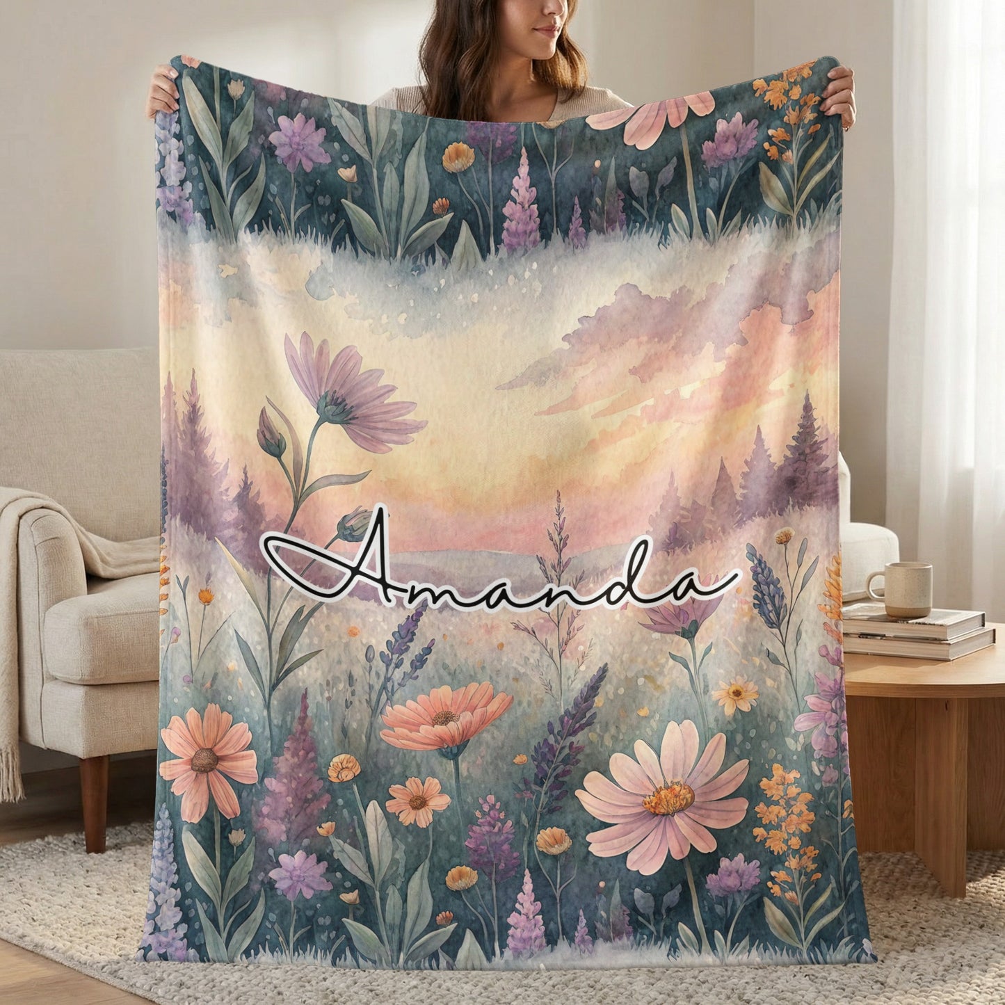 Personalized Floral Nature Design Blanket with Name