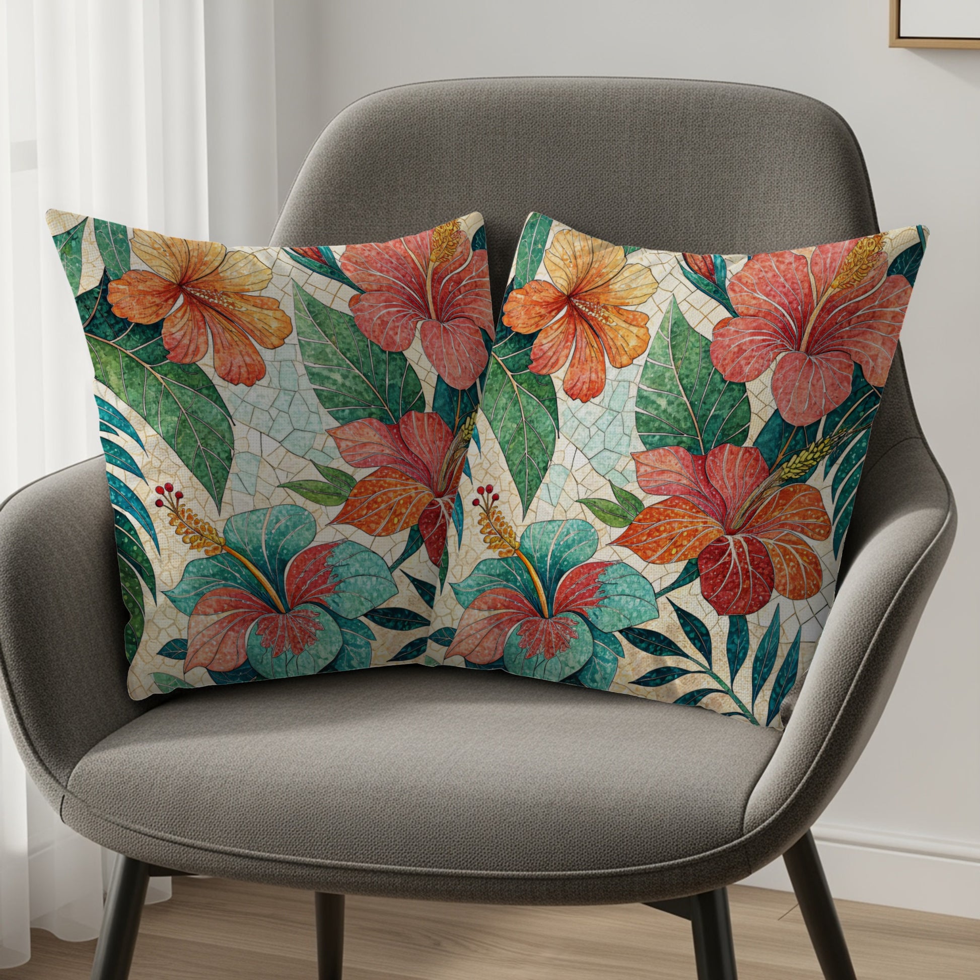 Colorful Tropical Hibiscus Design Decorative Pillow Set