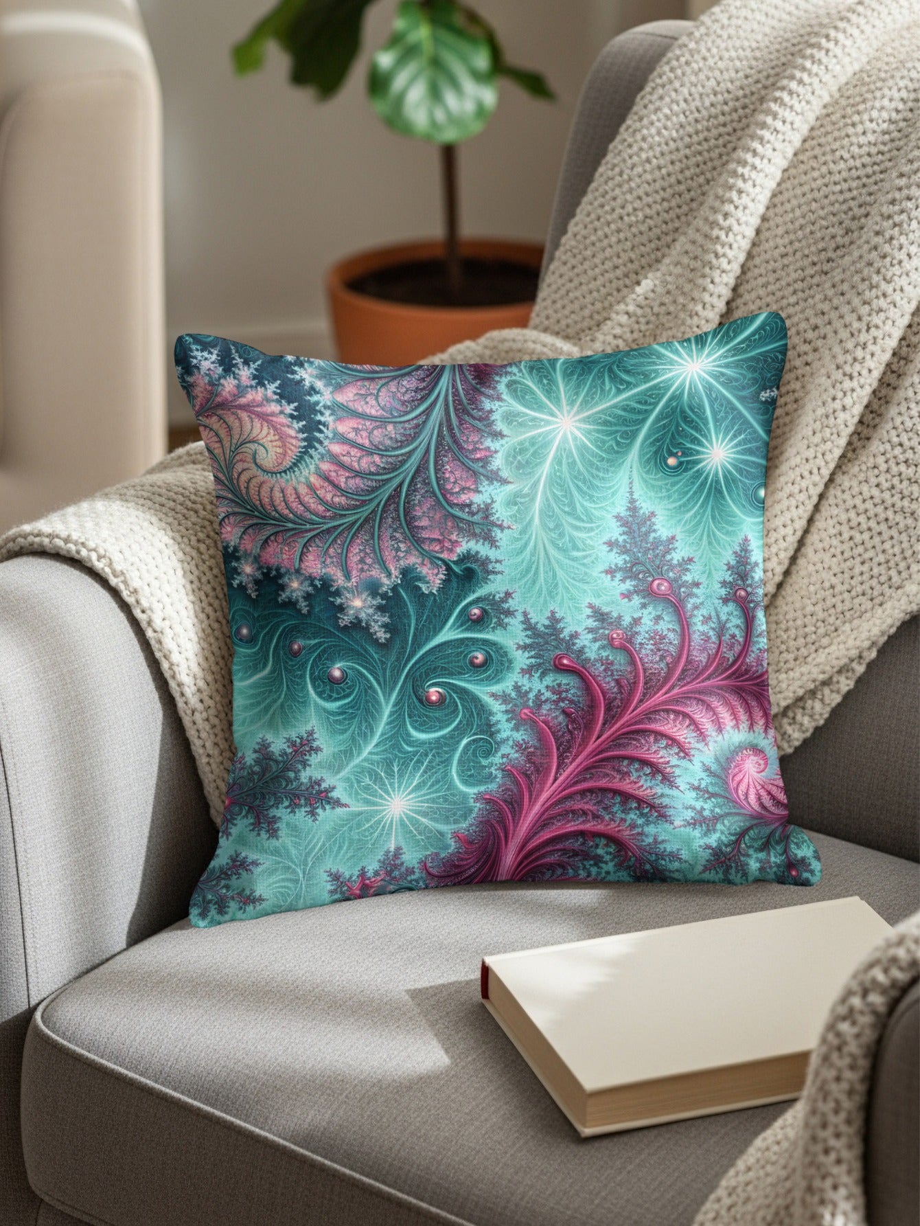 Turquoise Fractal with Pink Accent Design Decor Throw Pillows - Walk Greener