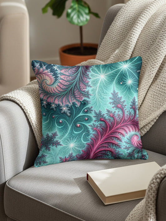 Turquoise Fractal with Pink Accent Design Decor Throw Pillows - Walk Greener
