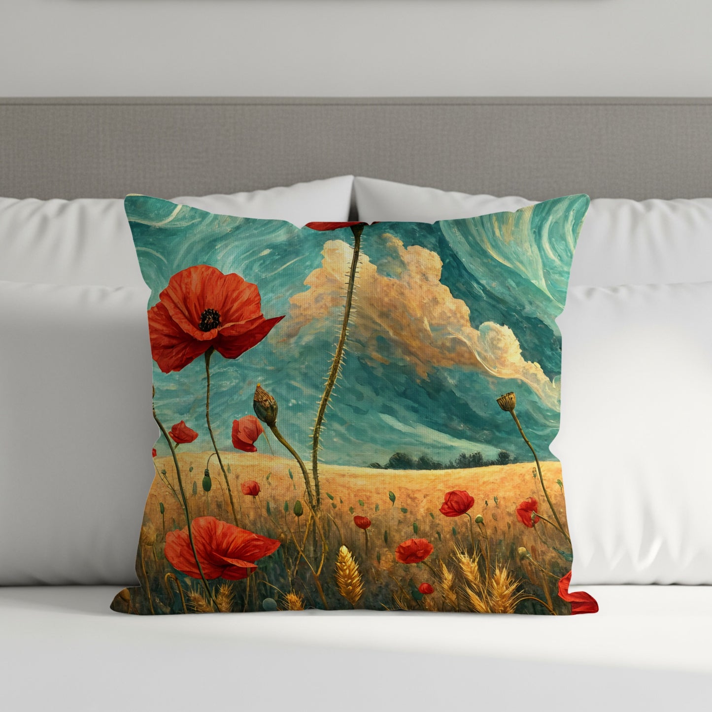 Red Poppy Field Under Sky in Painted Style Throw Pillows - Walk Greener