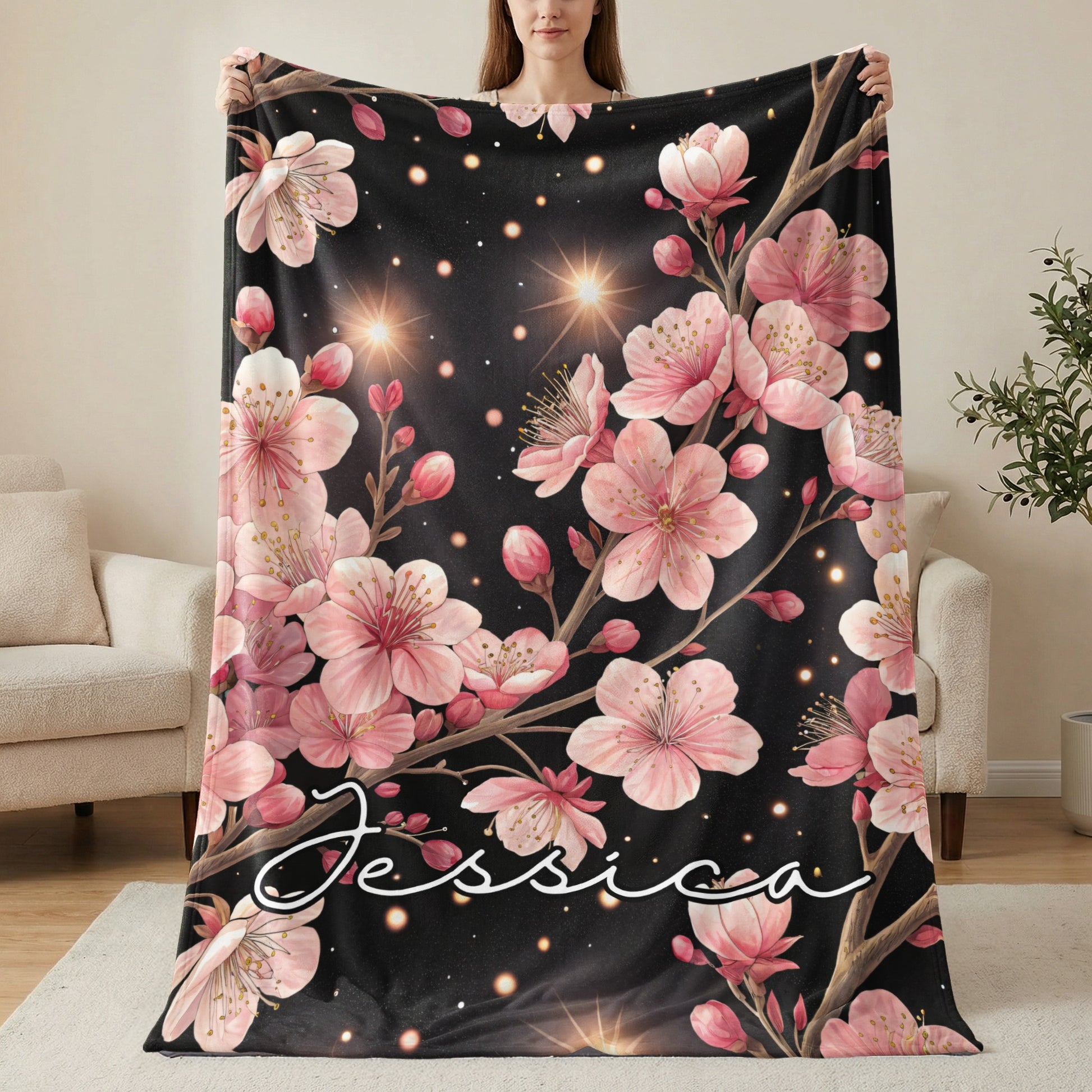 Custom Name Pink Floral Design Blanket Jessica
