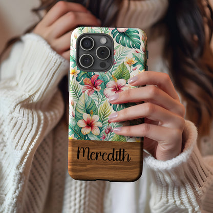Custom Name Tropical Floral Phone Case with Wood Design