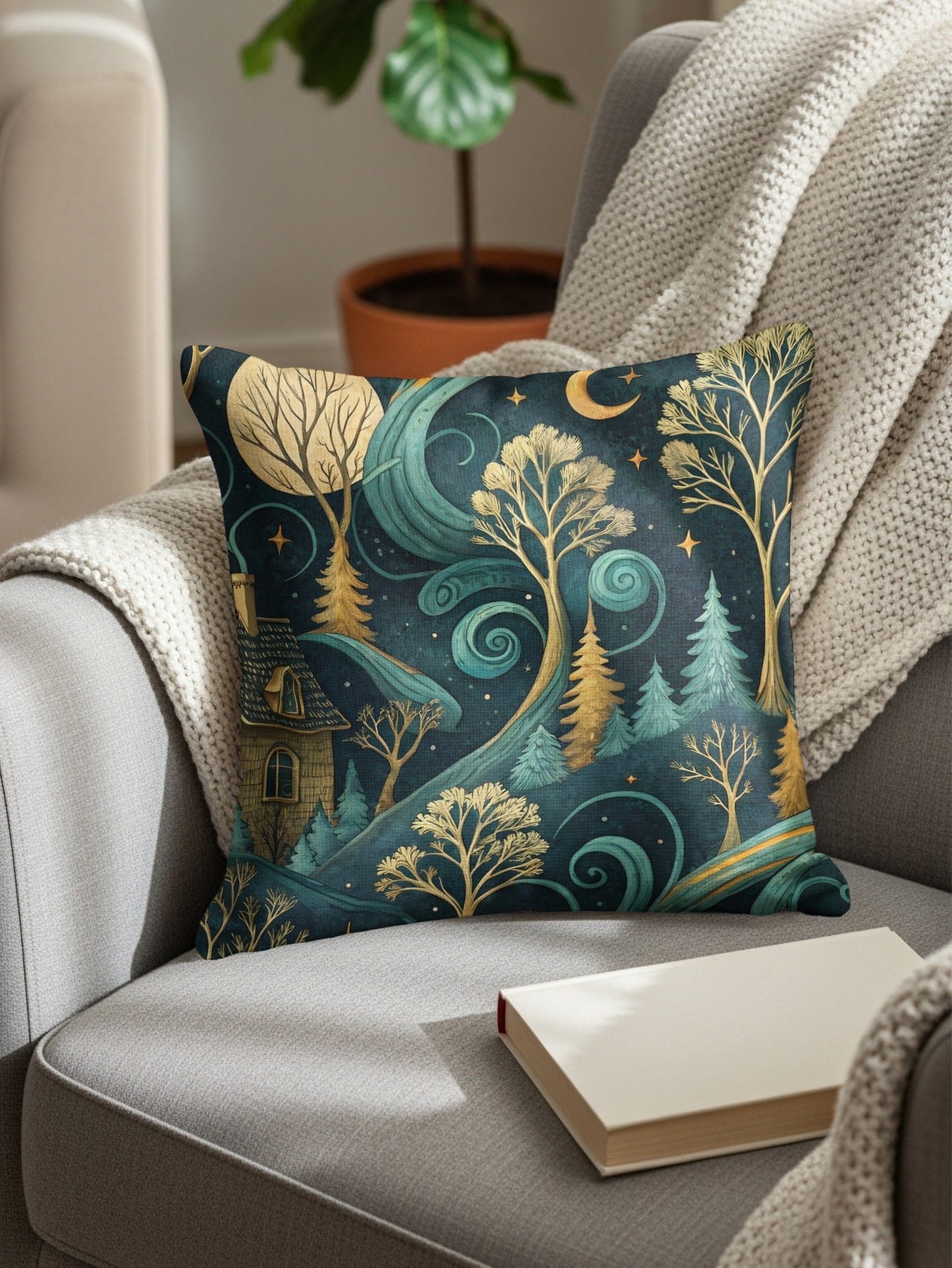 Enchanting Forest Nighttime Design on Cozy Pillow