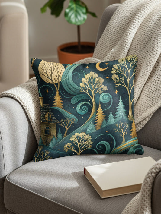 Enchanting Forest Nighttime Design on Cozy Pillow