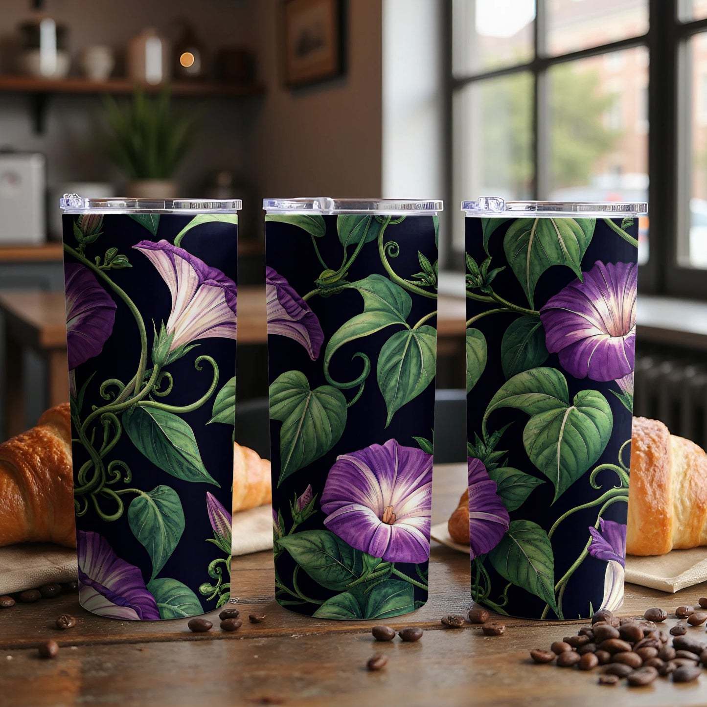 Purple Morning Glory Floral Pattern Art Print Tumblers - Walk Greener