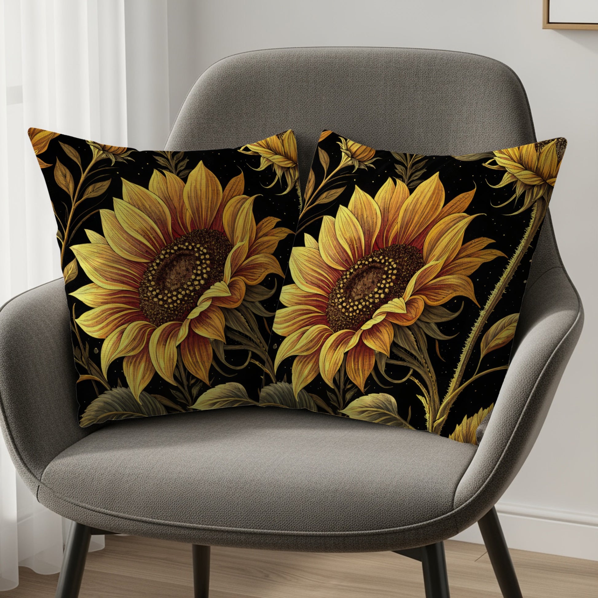 Elegant Sunflowers on Dark Background Decorative Floral Throw Pillows - Walk Greener