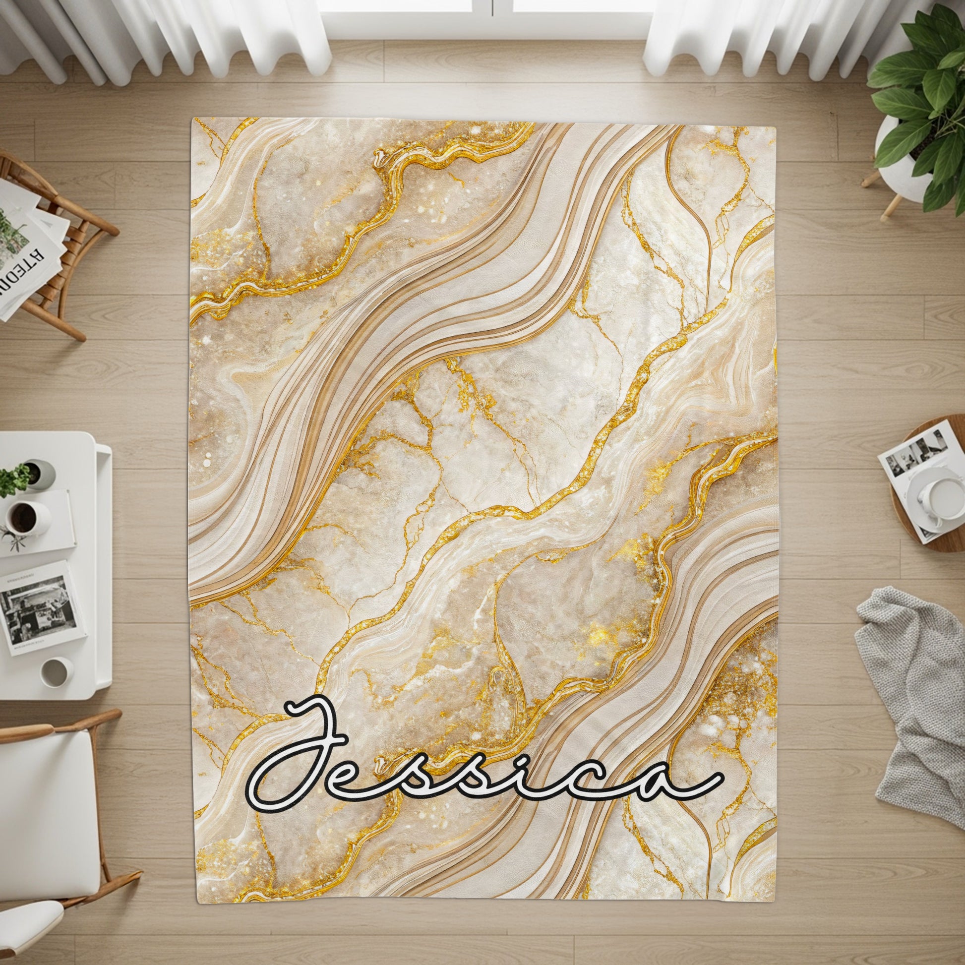 Elegant Gold Veined Marble Background Custom Name Blanket - Walk Greener