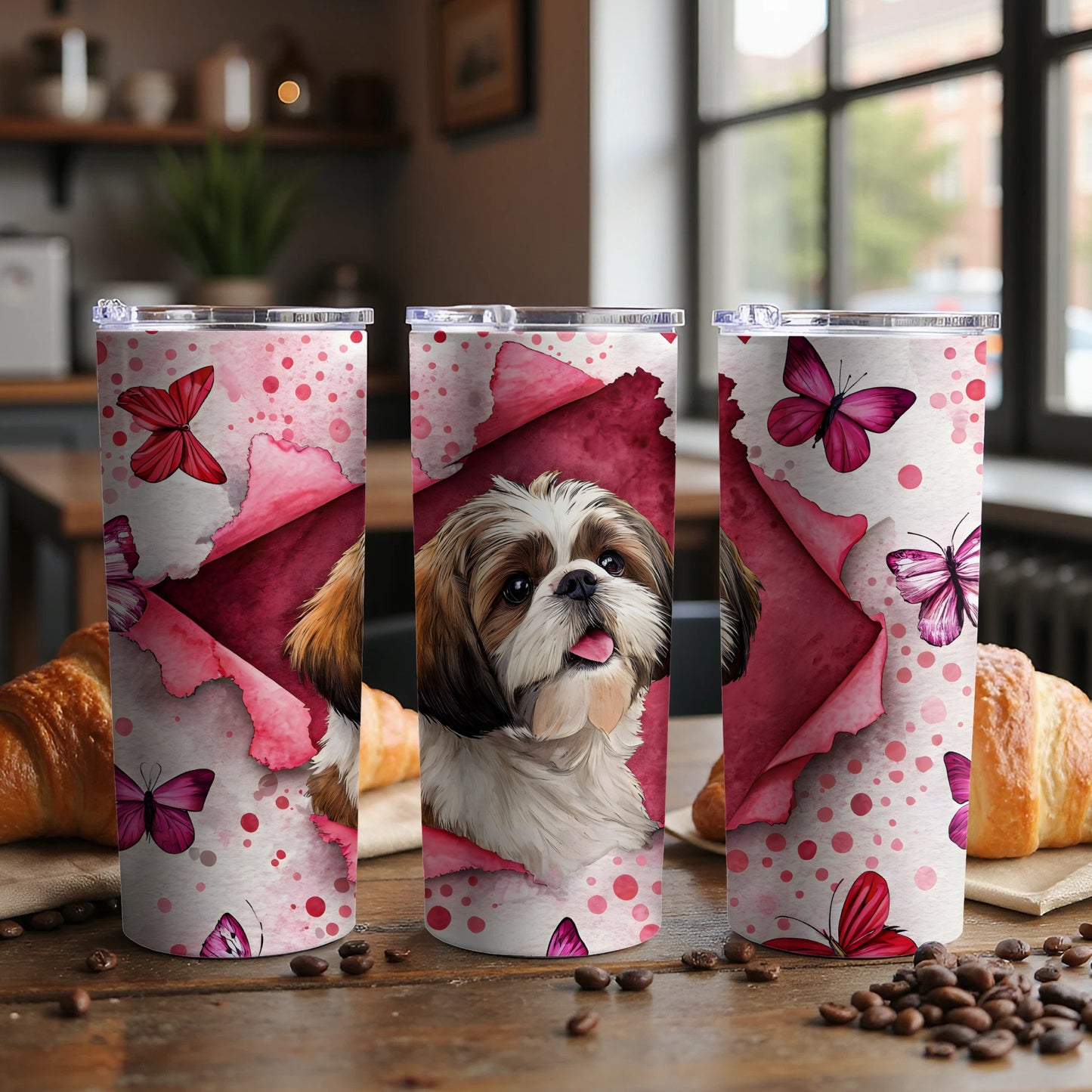 Pink Butterfly and Dog Design Tumbler Stainless Steel Cup