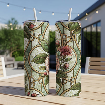 Ornate Floral Pattern In Stained Glass Style 20 oz Skinny Tumbler - Walk Greener