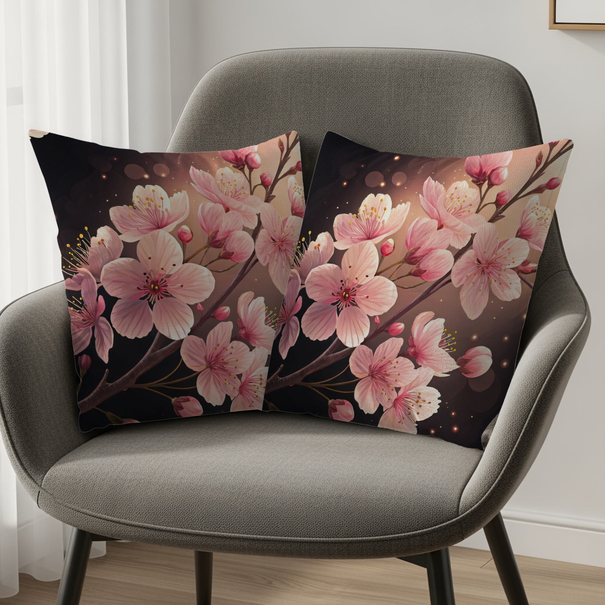 Pink Floral Blossoms Against Dark Backdrop Decorative Floral Throw Pillows - Walk Greener