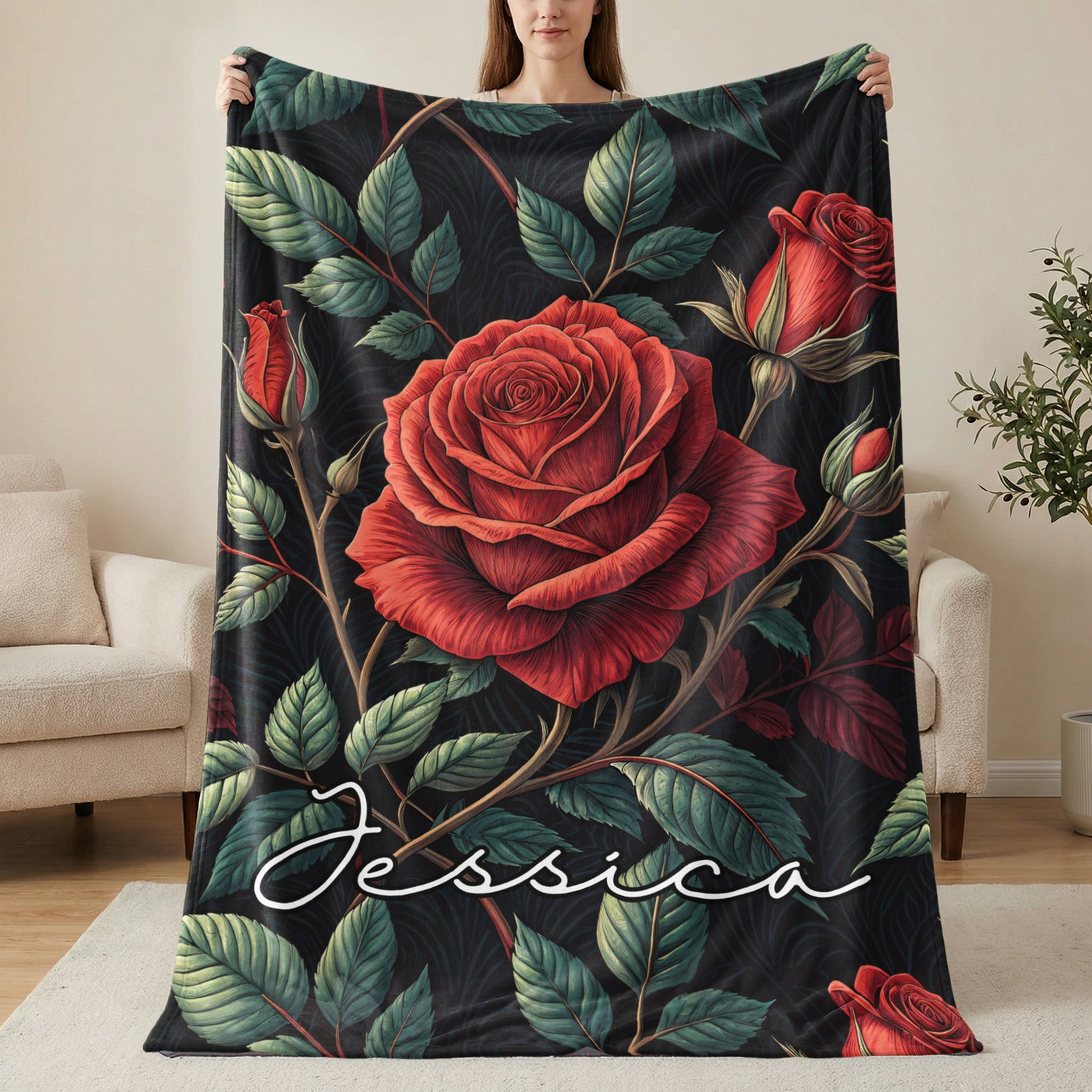 Red Roses With Leaves Custom Name Blankets Product - Walk Greener