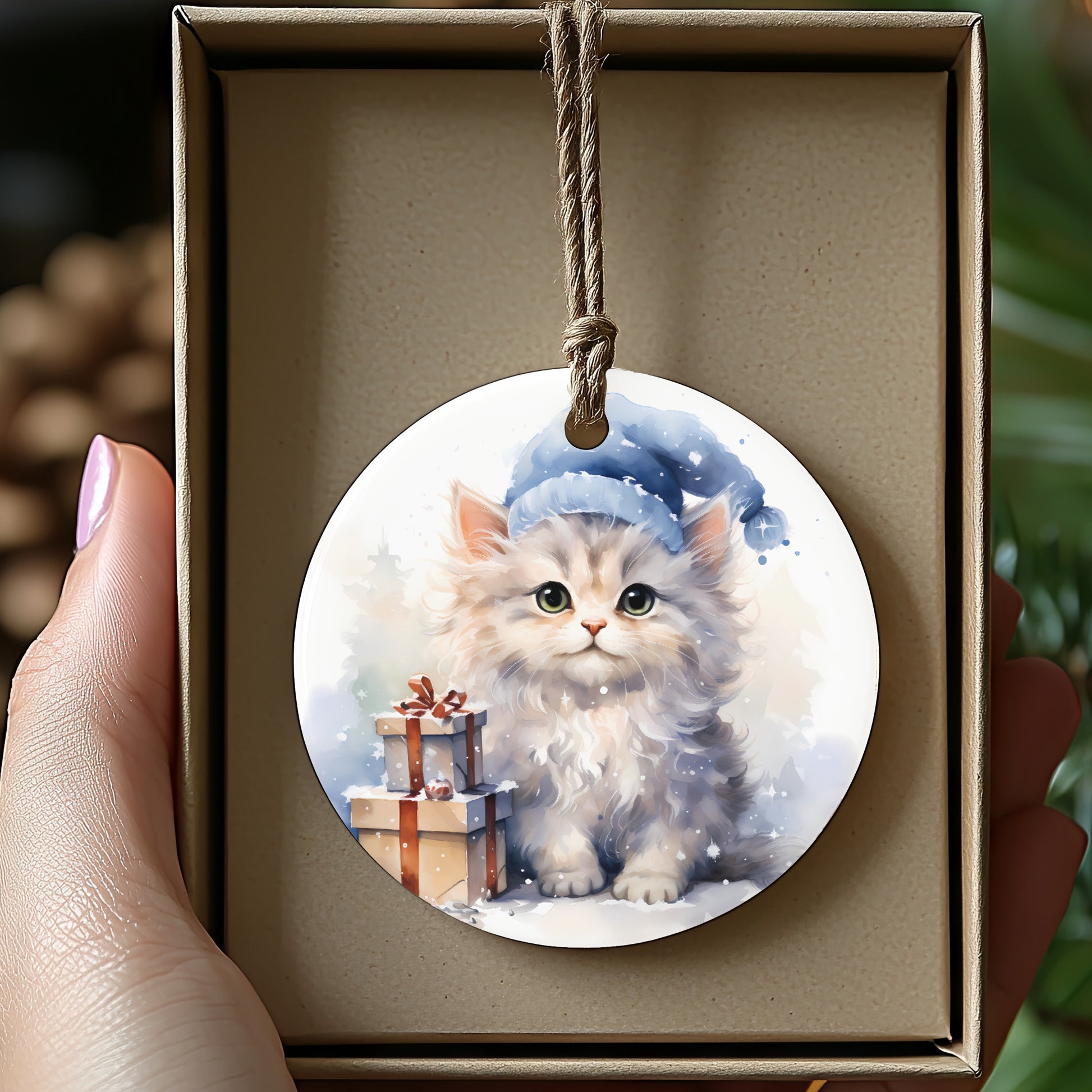 Christmas Kitten with Santa Hat Hanging Ornament product