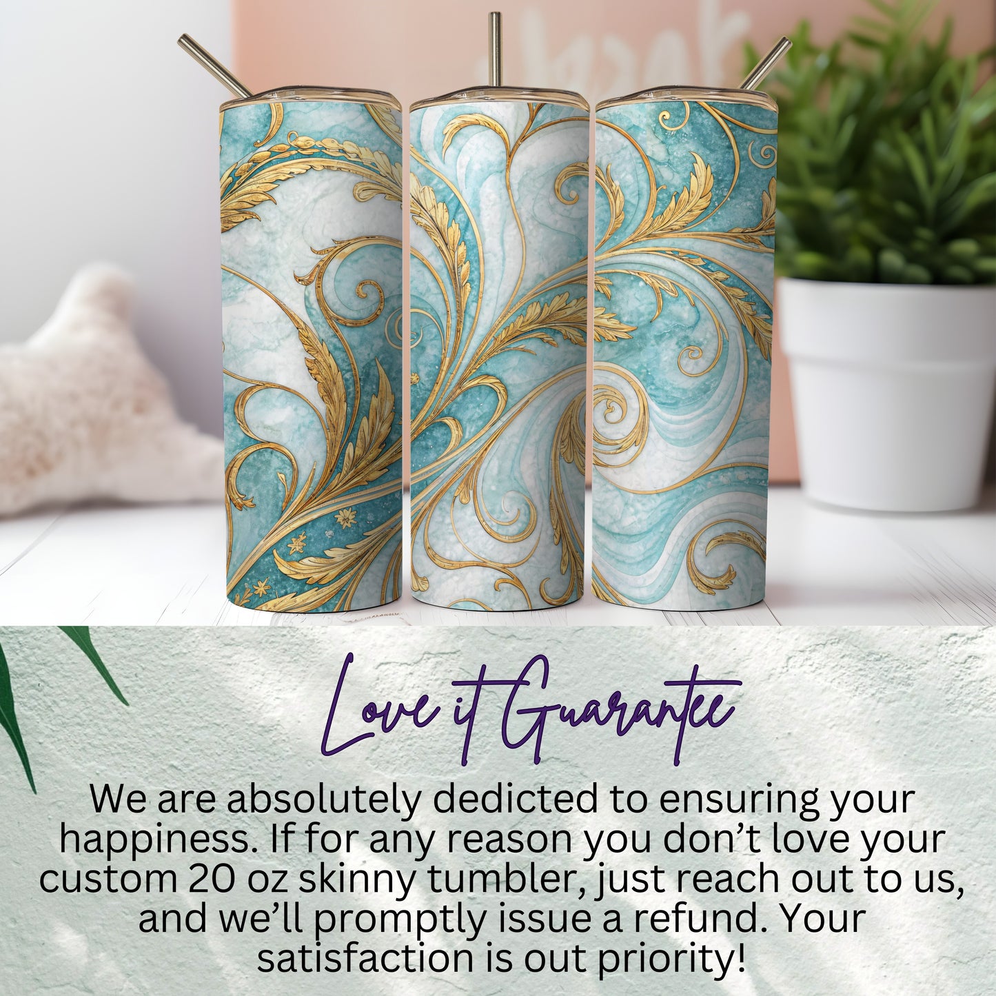 Custom 20 oz Skinny Tumbler with Elegant Gold Design