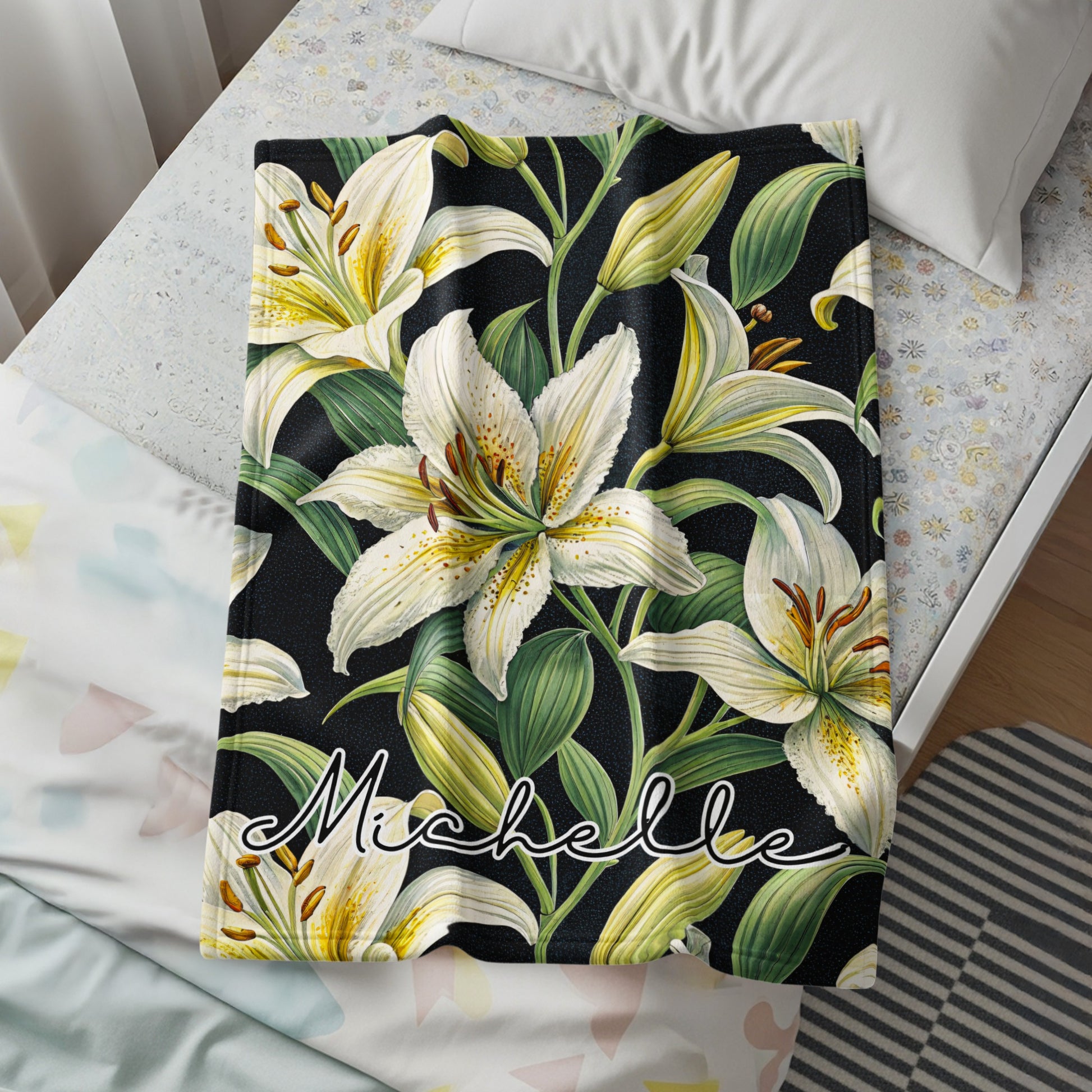 White Lily Flower Blanket Personalized with Michelle