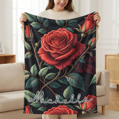 Red Roses With Leaves Custom Name Blankets Product - Walk Greener