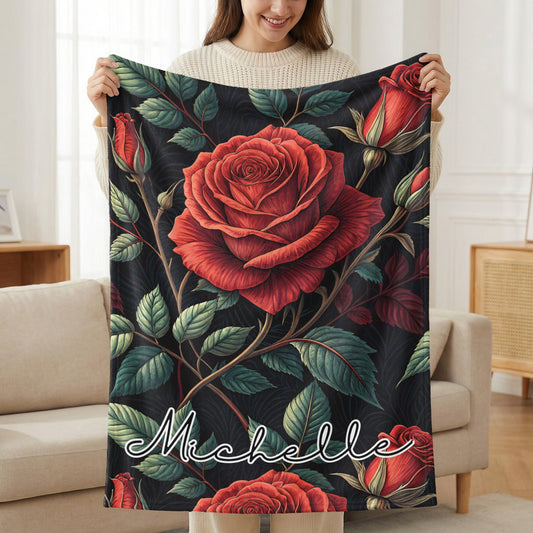 Red Roses With Leaves Custom Name Blankets Product - Walk Greener