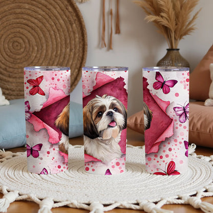 Cute Dog and Pink Butterflies Design Tumbler