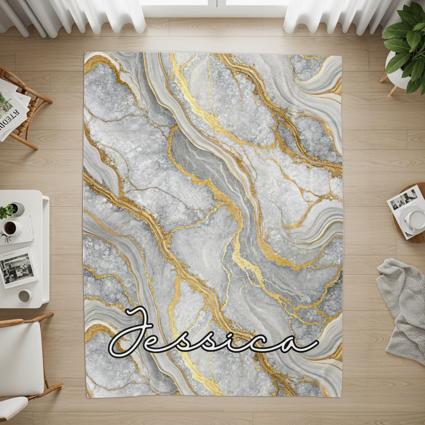 Personalized Gray and Gold Marble Area Rug
