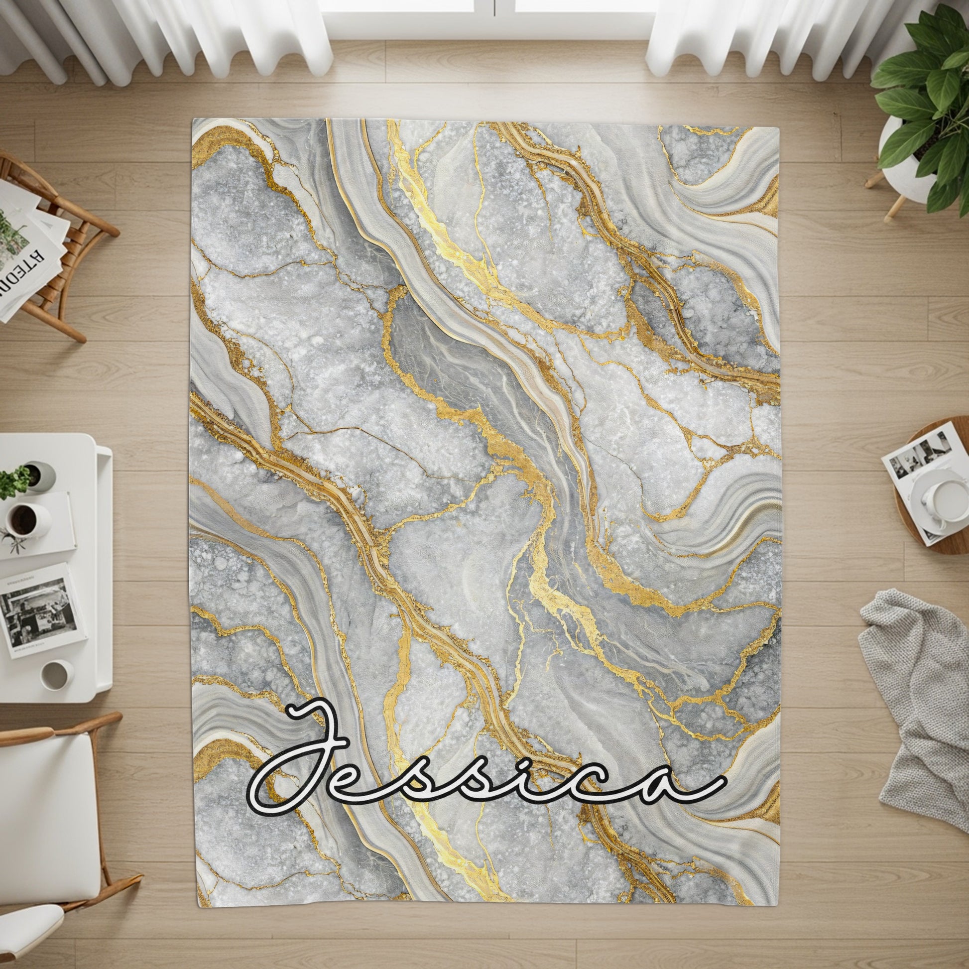 Personalized Gray and Gold Marble Area Rug