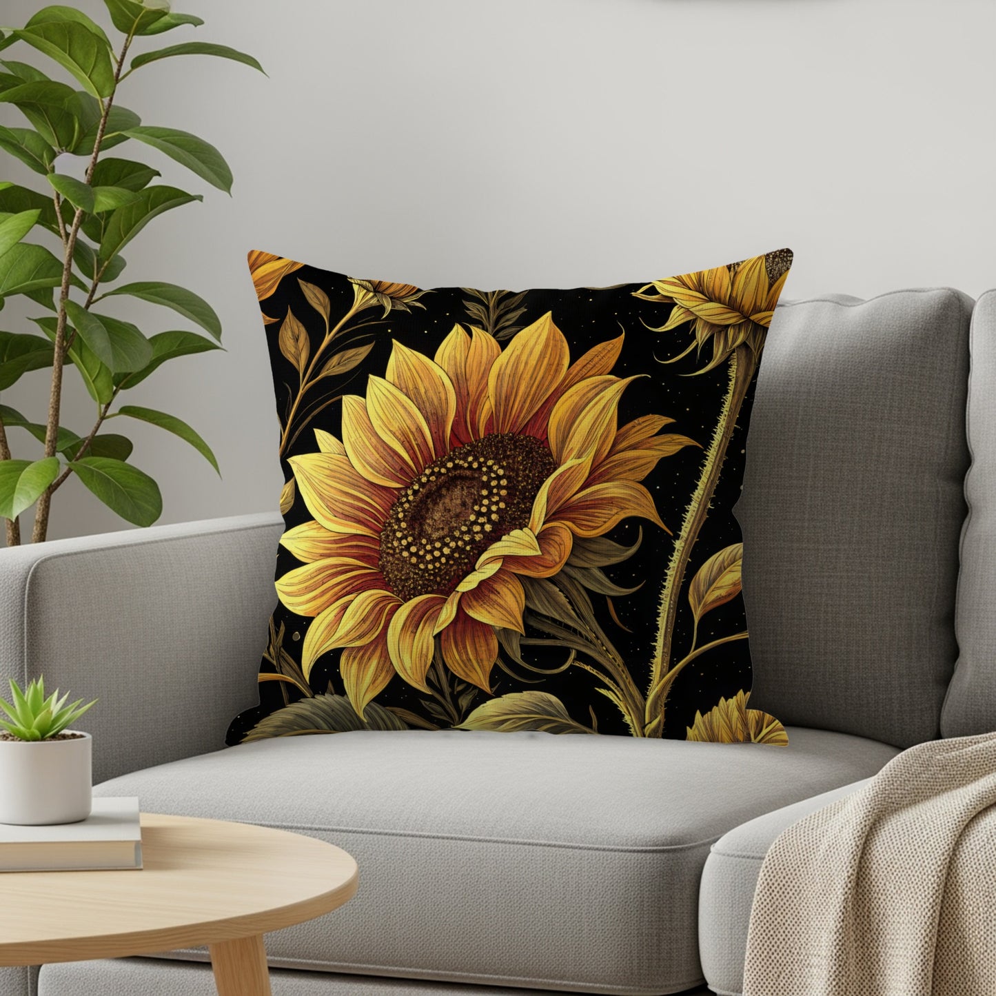Elegant Sunflowers on Dark Background Decorative Floral Throw Pillows - Walk Greener