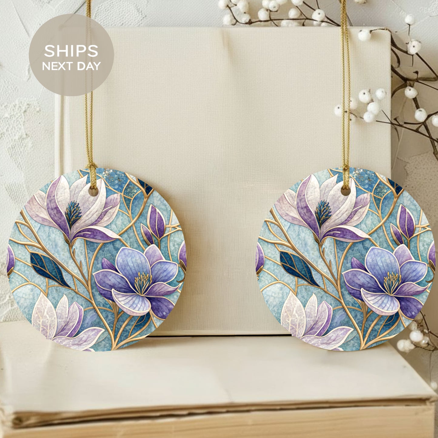 Purple and Blue Floral Decorative Hanging Ornament Pair
