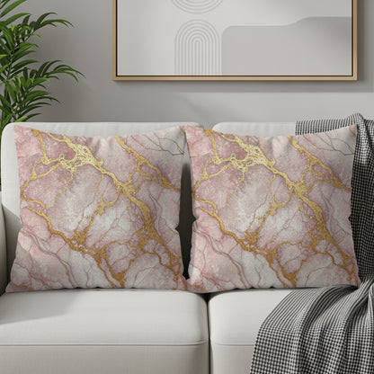 Elegant Pink Marble Throw Pillows with Gold Veins Design