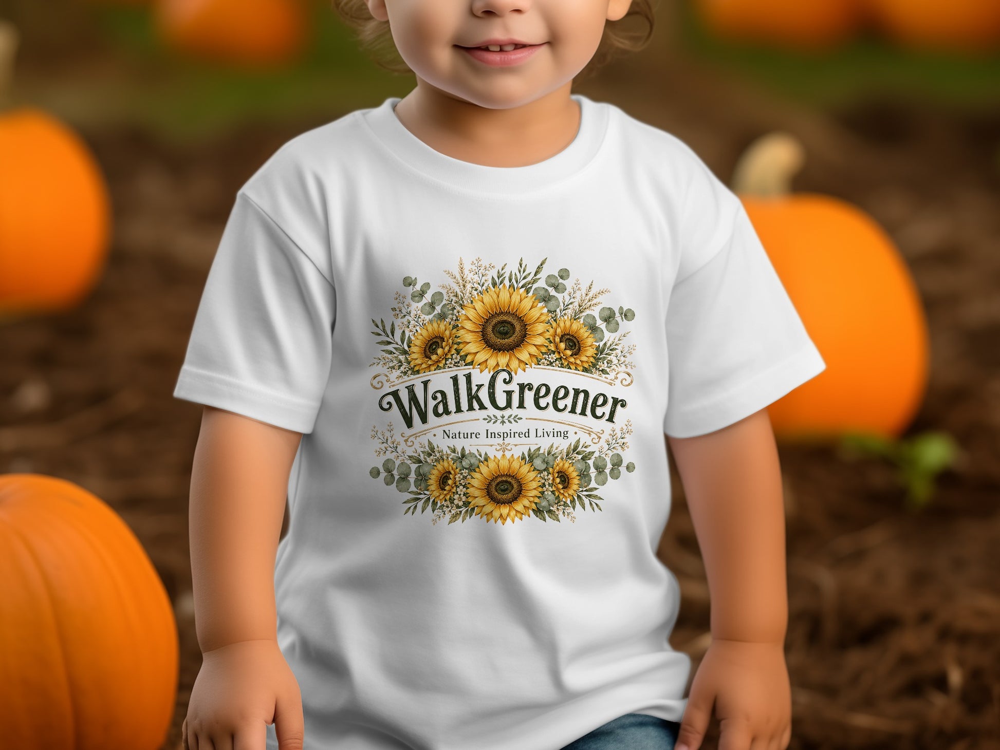 White t-shirt with sunflowers and "WalkGreener Nature Inspired Living" text