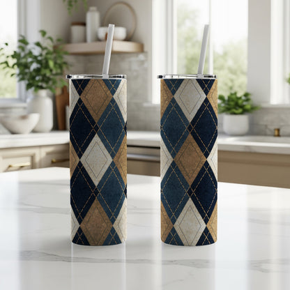 Stylish Argyle Patterned Insulated Tumbler with Straw