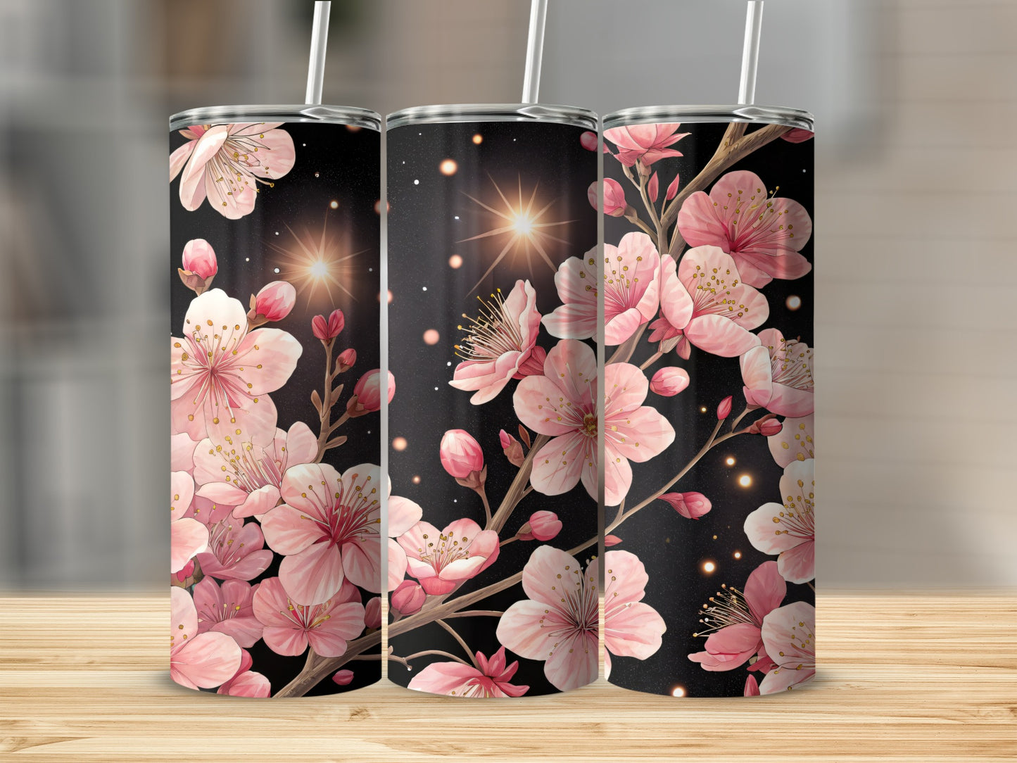 Pink Blossoms Against a Night Sky Floral Design Tumblers - Walk Greener