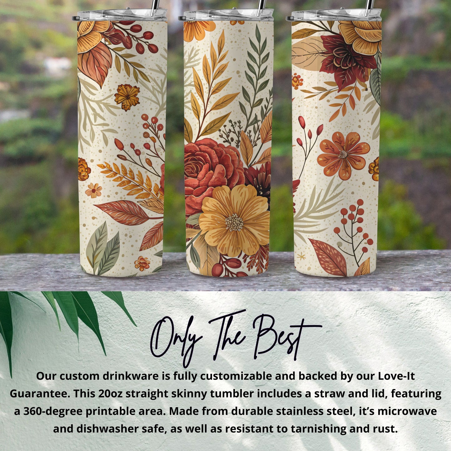 Floral Design 20oz Skinny Tumbler with Straw and Lid