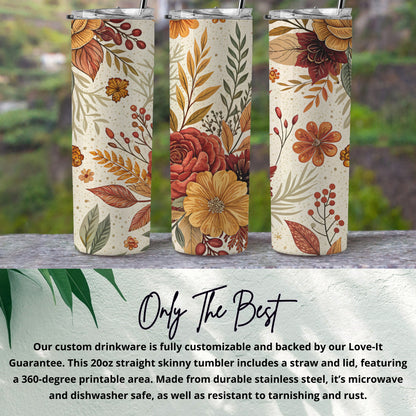 Floral Design 20oz Skinny Tumbler with Straw and Lid