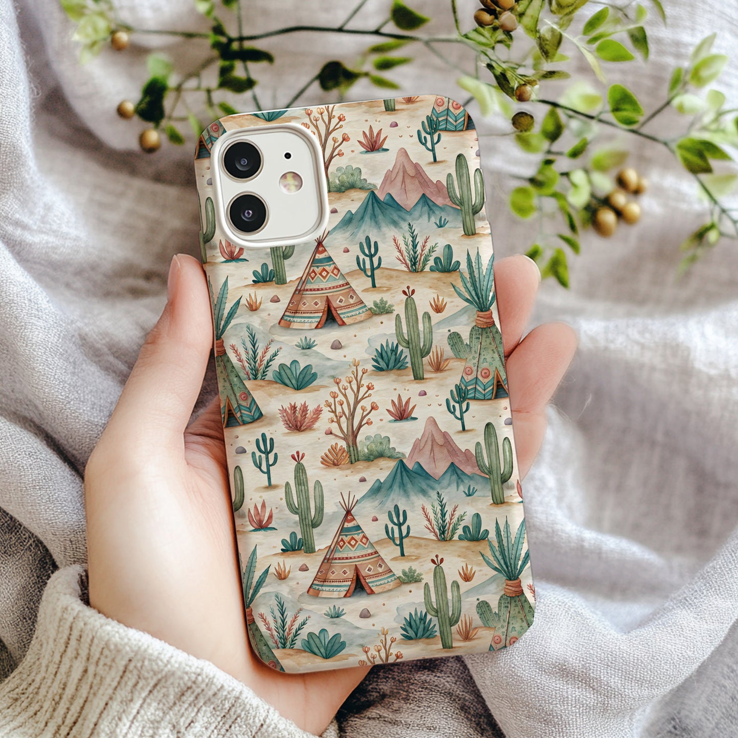 Hand-Drawn Teepee and Cactus iPhone Case for Nature Lovers