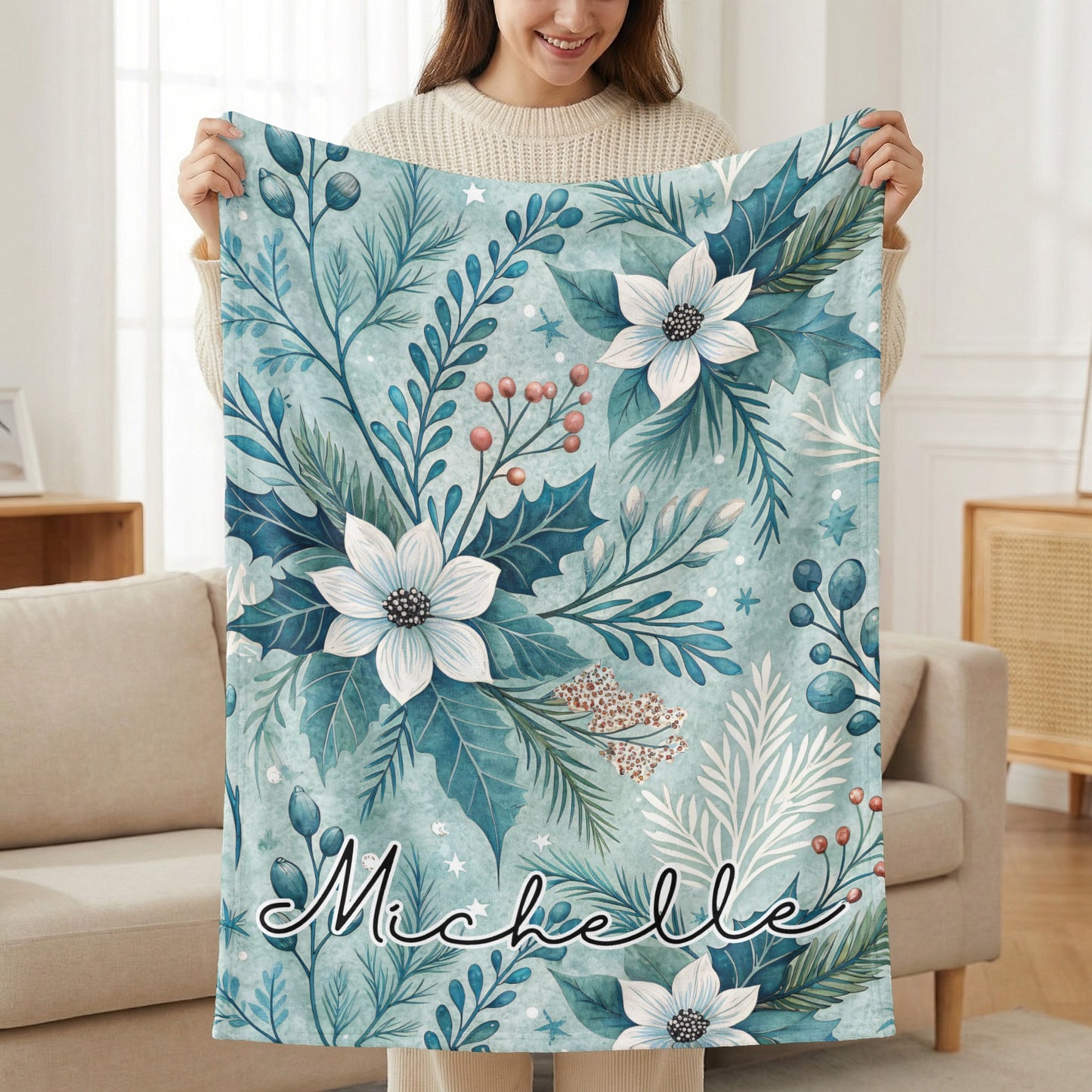 Personalized Winter Floral Blanket with Name Michelle