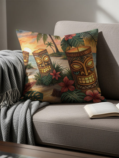 Tropical Paradise Tiki Mask Print Cushion Pillow Cover