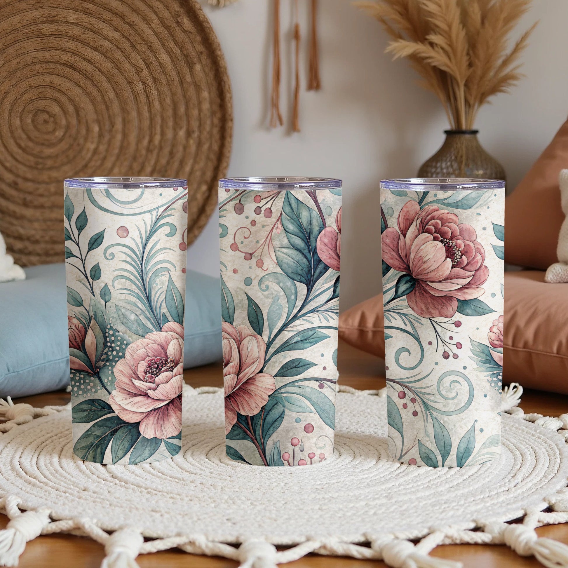 Watercolor Floral Elegant Roses and Leaves Design 20 oz Skinny Tumbler - Walk Greener