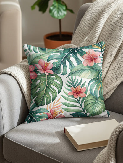 Tropical Paradise Green Leaves with Pink Flowers Pillows & Pillow Cases - Walk Greener
